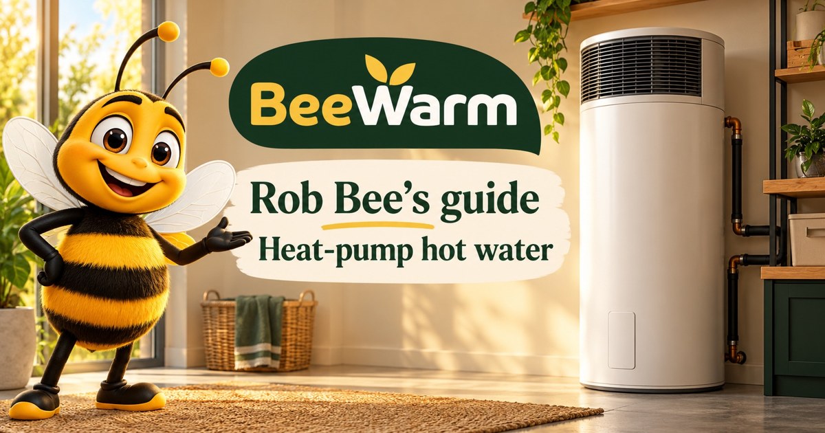 Rob Bee beside an illustrative heat-pump hot-water tank